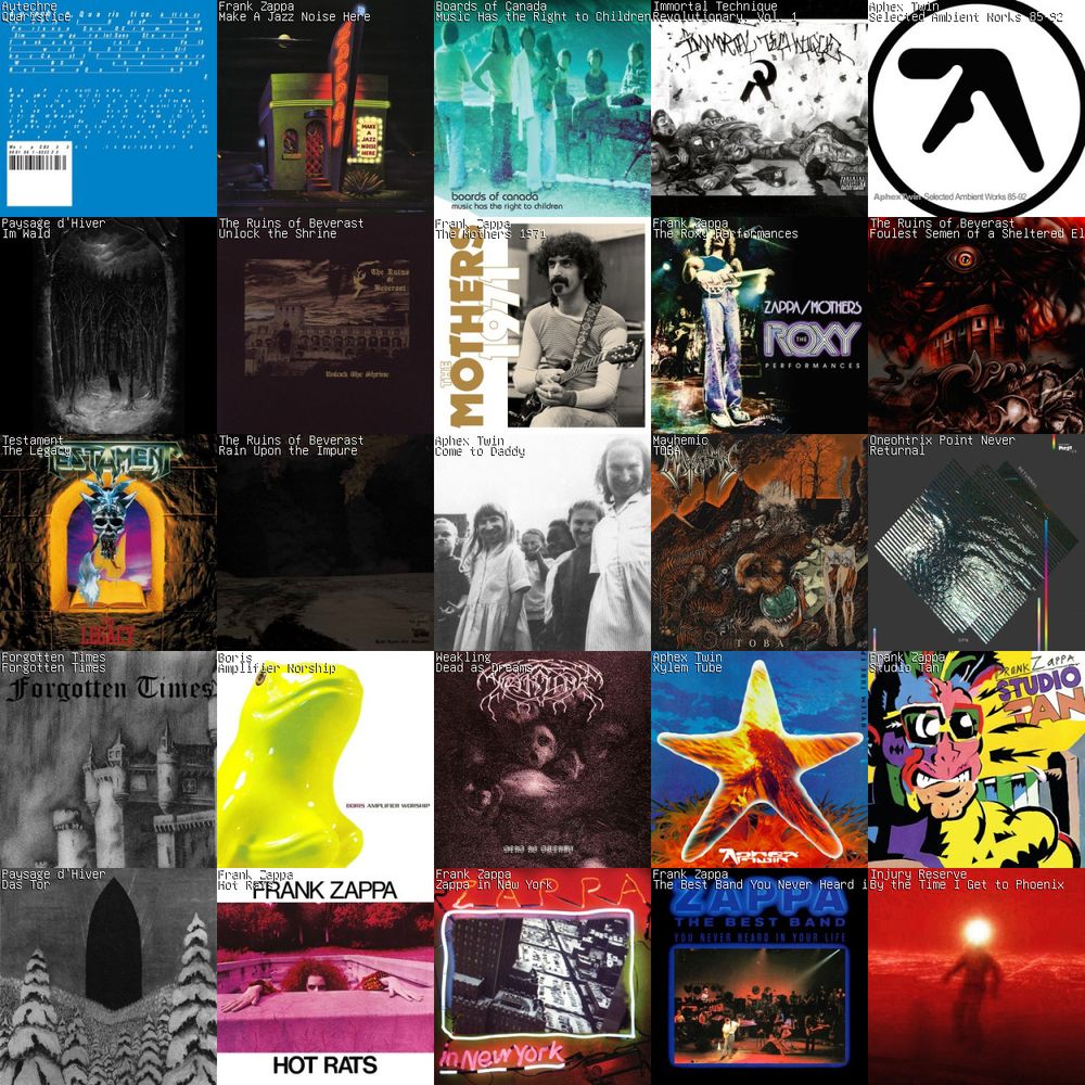 5x5 grid of albums listened to over the past week. artists include autechre, frank zappa, boards of canada, immortal technique, aphex twin, paysage d'hiver, the ruins of beverast, testament, mayhemic, oneohtrix point never, forgotten times, boris, weakling, and injury reserve