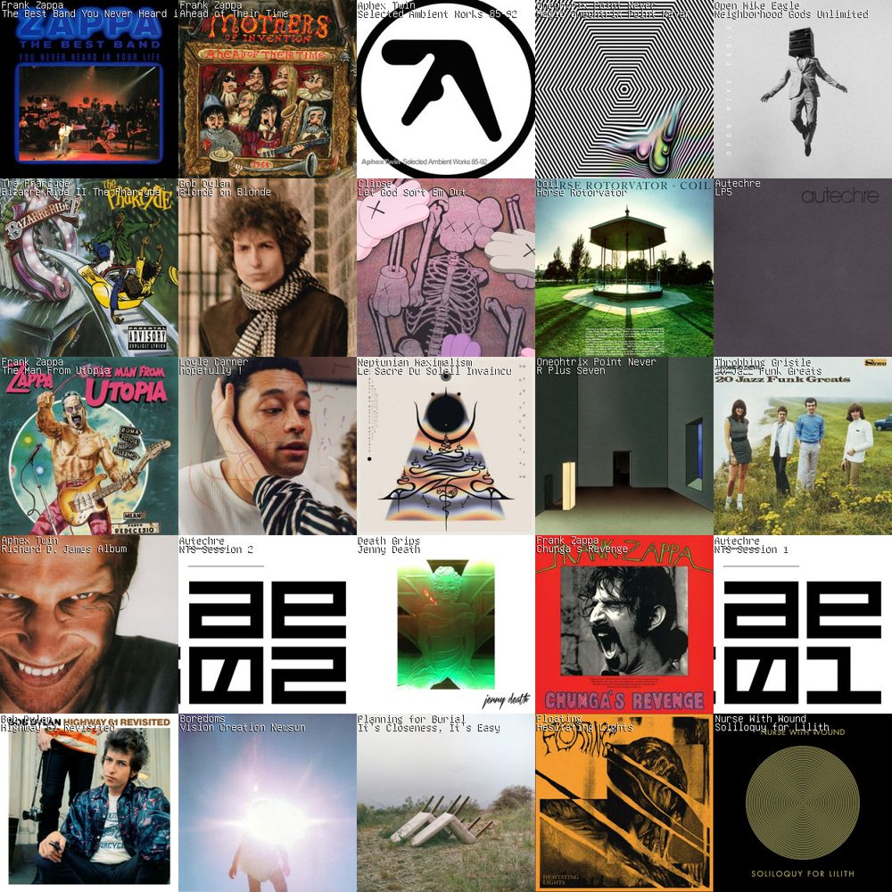 5x5 grid of albums listened to over the last week. artists include frank zappa, aphex twin, oneohtrix point never, open mike eagle, the pharcyde, bob dylan, clipse, coil, autechre, loyle carner, neptunian maximalism, throbbing gristle, death grips, boredoms, planning for burial, floating, and nurse with wound