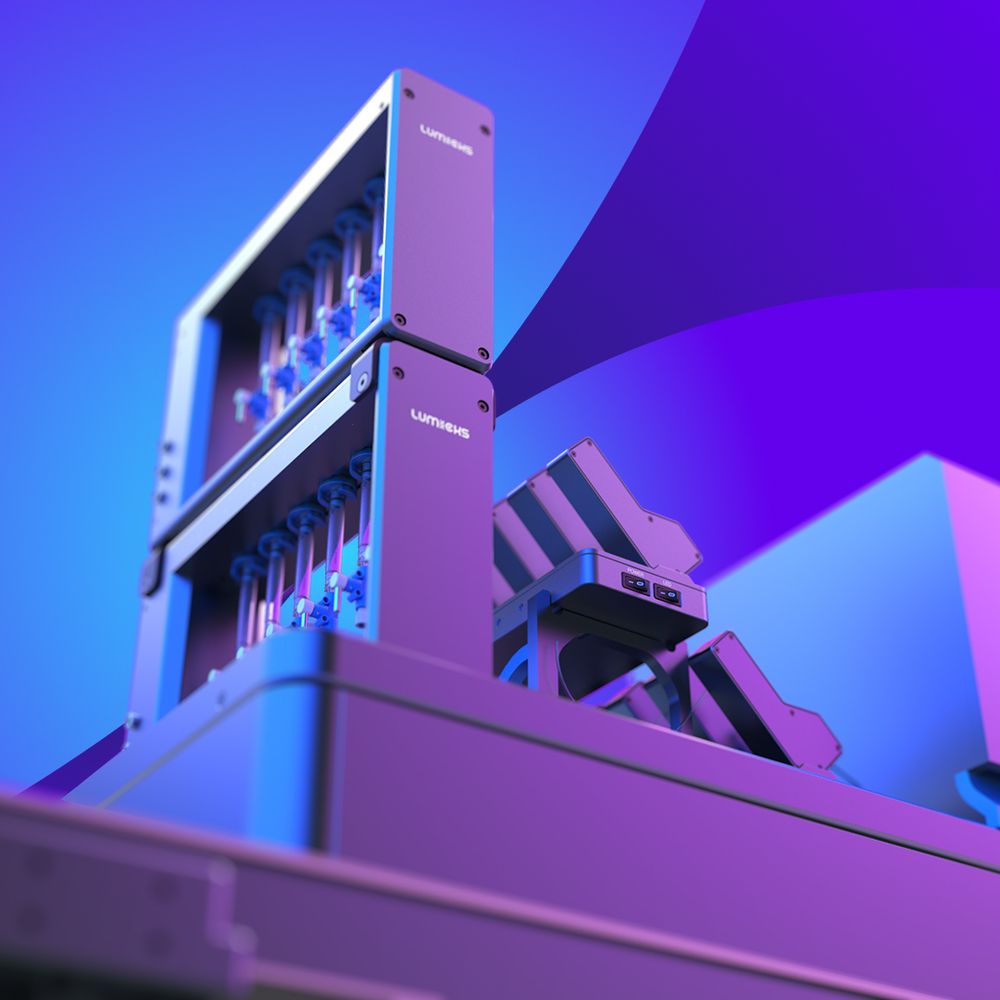 Rendering in blue and purple hues of the double microfluidics module of the C-Trap.