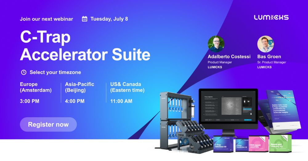 Flyer with the copy: "Join our next webinar, Tuesday July 8 - C-Trap Accelerator Suite, with Product Managers Adalberto Cortessi and Bas Groen. Register now."