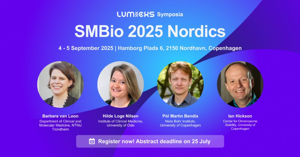 SMBio is coming to the Nordics! This flyer image says "LUMICKS symposia: SMBio 202 Nordics, 4 - 5 September 2025 in Copenhagen".

Selected speakers shown are Barbara van Loon (Dept. of Clinical and Molecular Medicine, NTNU Trondheim), Hilde Loge Nilsen (Institute of Clinical Medicine, University of Oslo), Pol Martin Bendix (Niels Bohr Institute, University of Copenhagen) and Ian Hickson (Center for Chromosome Stability, University of Copenhagen). Register now! Abstract deadline on 25 July.