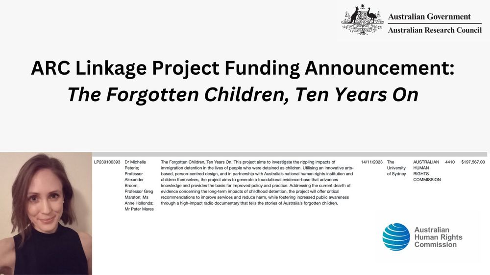 Top half of image is black text on grey background. ARC Linkage Project Funding Announcement: The Forgotten Children, Ten Years On. Underneath, there is a picture of researcher Dr Michelle Peterie with a funding announcement: This project aims to investigate the rippling impacts of immigration detention in the lives of people who were detained as children. Utilising an innovative arts-based, person-centred design, and in partnership with Australia’s national human rights institution and children themselves, the project aims to generate a foundational evidence-base that advances knowledge and provides the basis for improved policy and practice. Addressing the current dearth of evidence concerning the long-term impacts of childhood detention, the project will offer critical recommendations to improve services and reduce harm, while fostering increased public awareness through a high-impact radio documentary that tells the stories of Australia’s forgotten children.