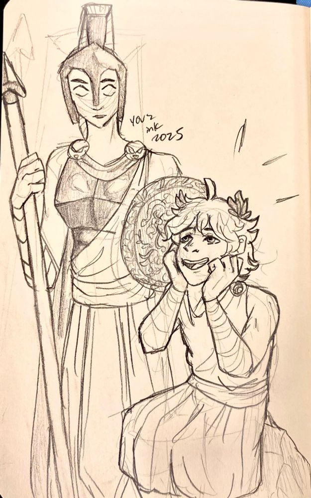 Drawing of young Odysseus and Athena from Epic the musical. Athena stands further back, holding a spear and shield, frowning slightly. Odysseus sits on a rock in the foreground, visibly excited with his head resting on his hands. 
