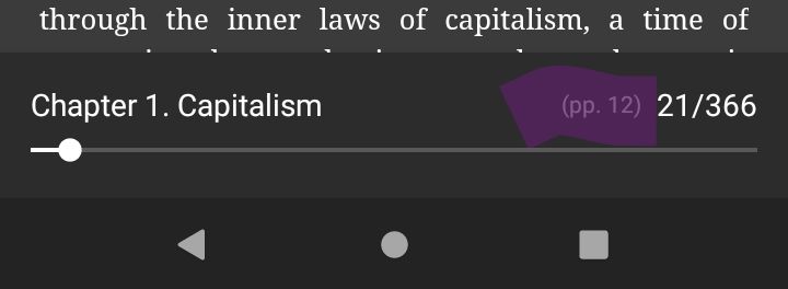Screenshot of the bottom panel of an ebook reader. Text on screen reads "Chapter 1. Capitalism" on the left and "(pp. 12) 21/366" on the right. The "pp. 12" is high it in purple.