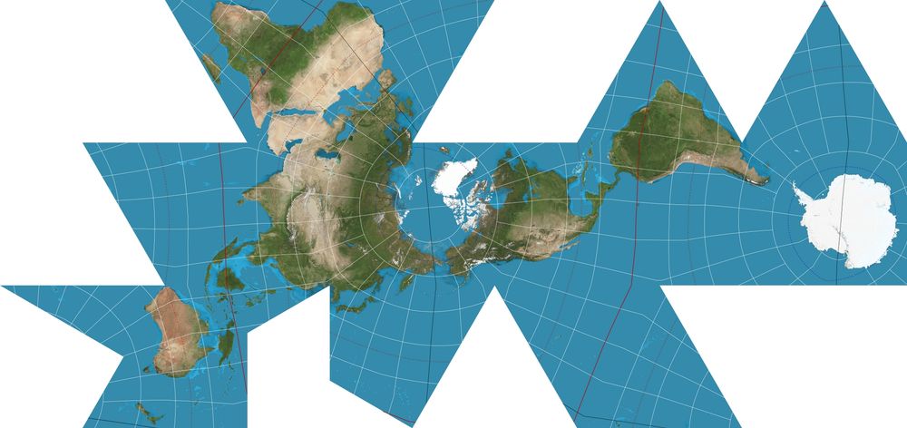 so it's the earth cut up into 20 triangles, and the landmasses are kept contiguous. North is pointing no straight direction in this map; the prime meridian runs left to right and the equator is more or less on a y axis.
Australia and Indonesia are in the far left corner, then africa and eurasia (top to bottom); and north and south america and antarctica follows right toward the end after the arctic.