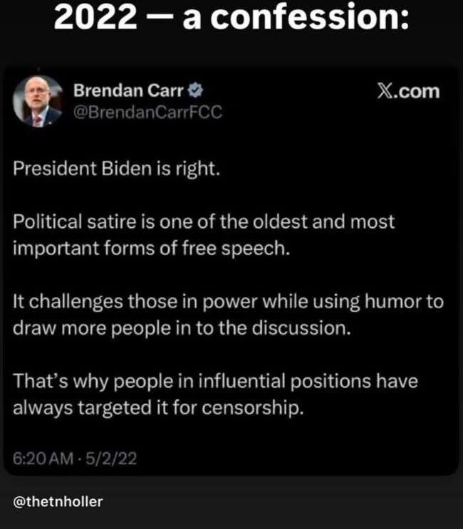 Brendan Carr & @BrendanCarrFCC
X.com
President Biden is right.
Political satire is one of the oldest and most important forms of free speech.
It challenges those in power while using humor to draw more people in to the discussion.
That's why people in influential positions have always targeted it for censorship.