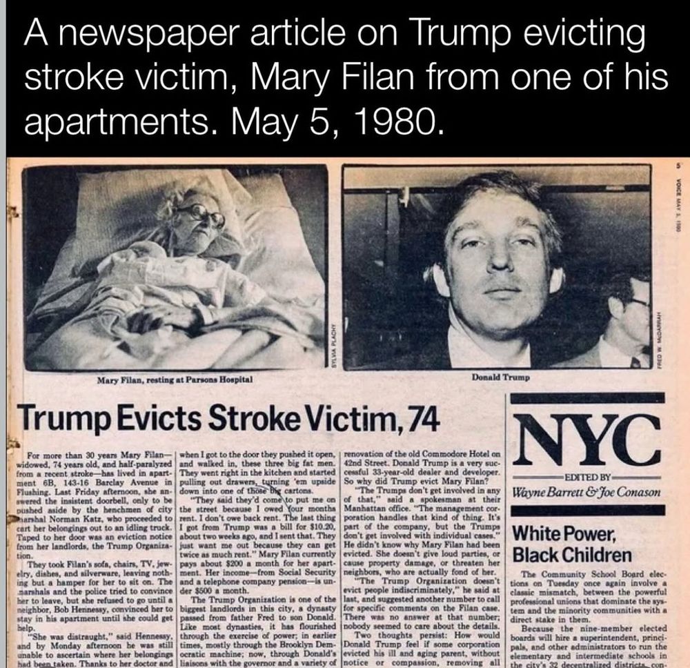 newspaper article on Trump evicting stroke victim, Mary Filan from one of his apartments. May 5, 1980. 1900