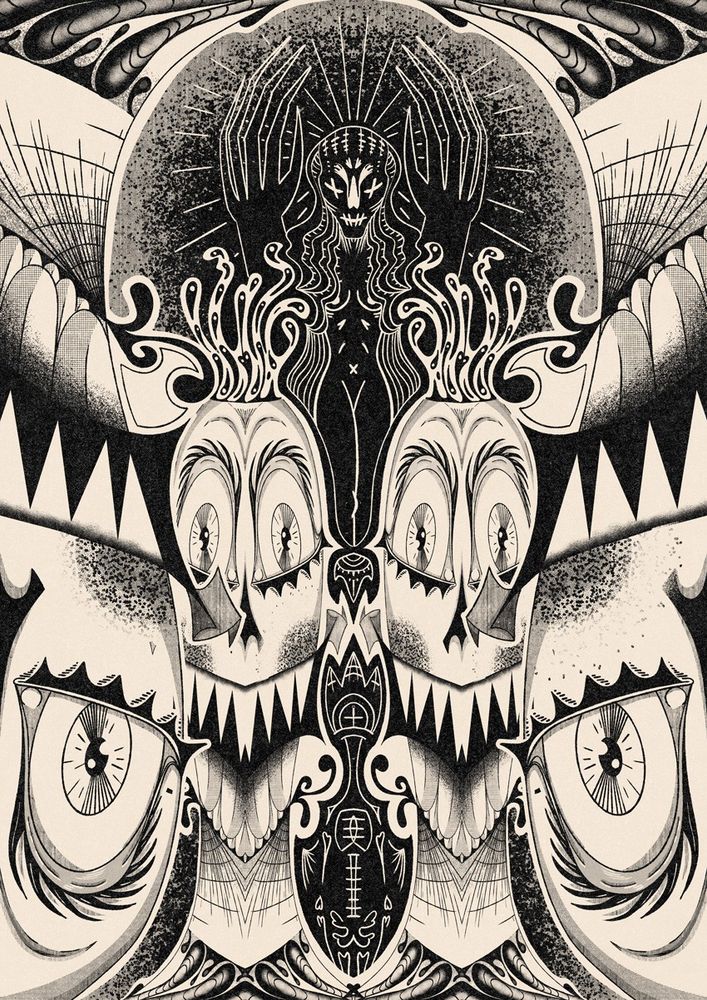 weird black and white symmetric drawing of fanged clowny faces and a naked woman with her hands up