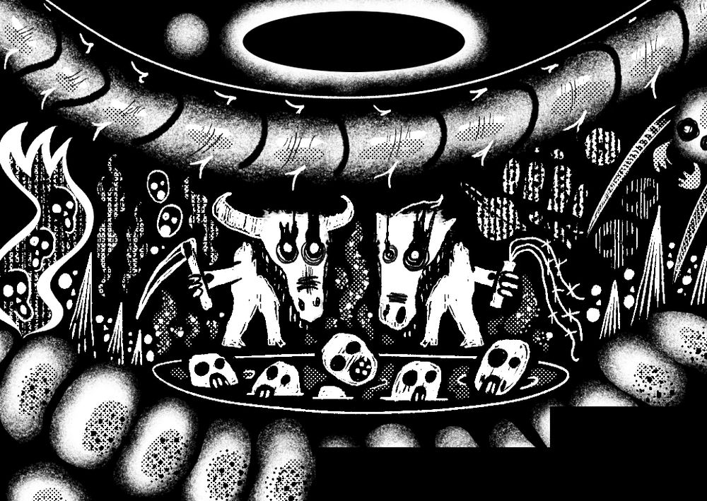 Black and white drawing of Ox_head and Horse-Face, guards of the Chinese underworld, in an abstract expressionistic style