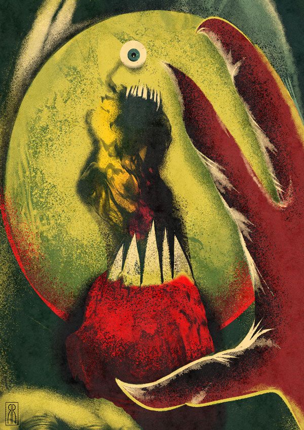 color illustration of a cyclops with a moon-like head with a flaming mouth and a red clawed hand