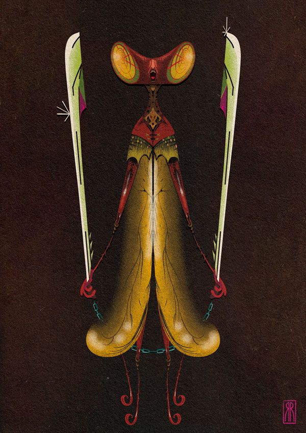color illustration of an insect-folk carrying two long swords in its hands