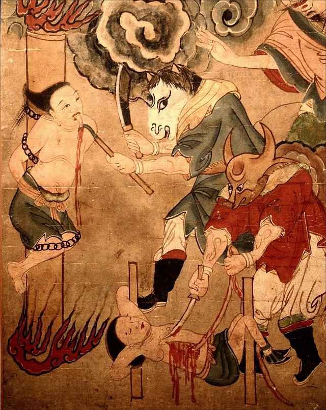 Traditional depiction of Ox_head and Horse-Face, guards of the Chinese underworld, cutting sinners in pieces