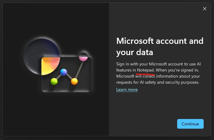 Sign in with your Microsoft account to use AI features in Notepad