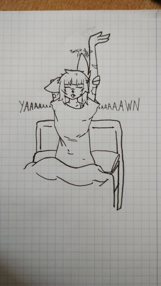 A traditional drawing of a cat furry stretching and yawning as she wakes up