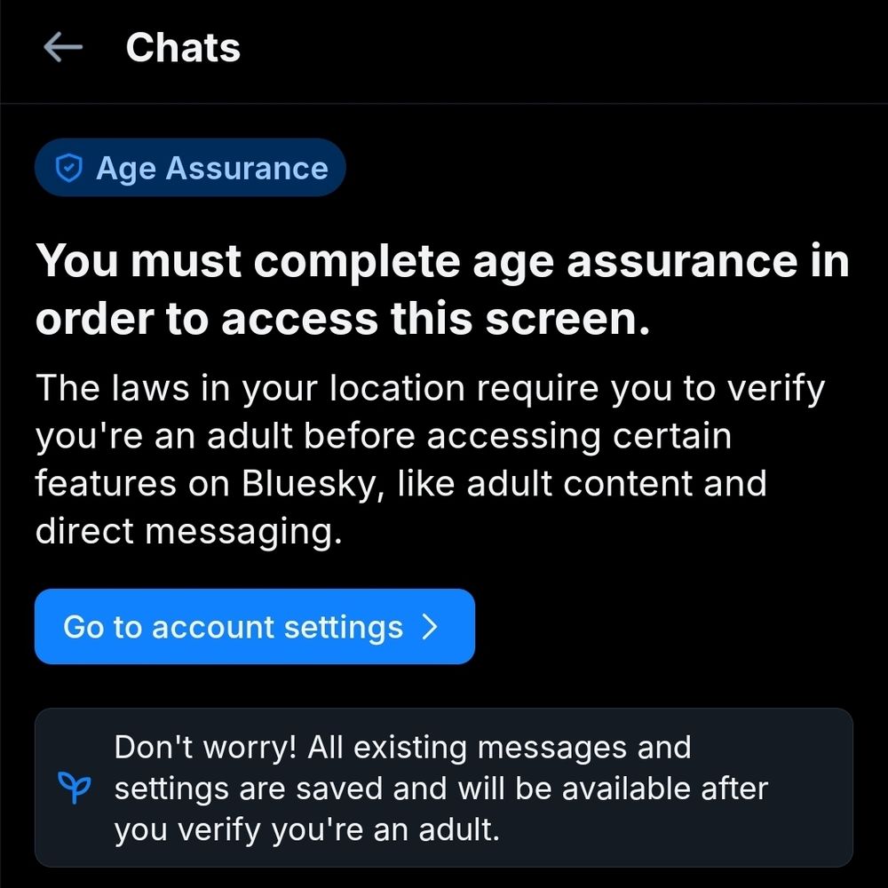 "You must complete she assurance in order to access this screen."
"The laws in your location require you to verify you're an adult before accessing certain features on Bluesky, like adult content and direct messaging."