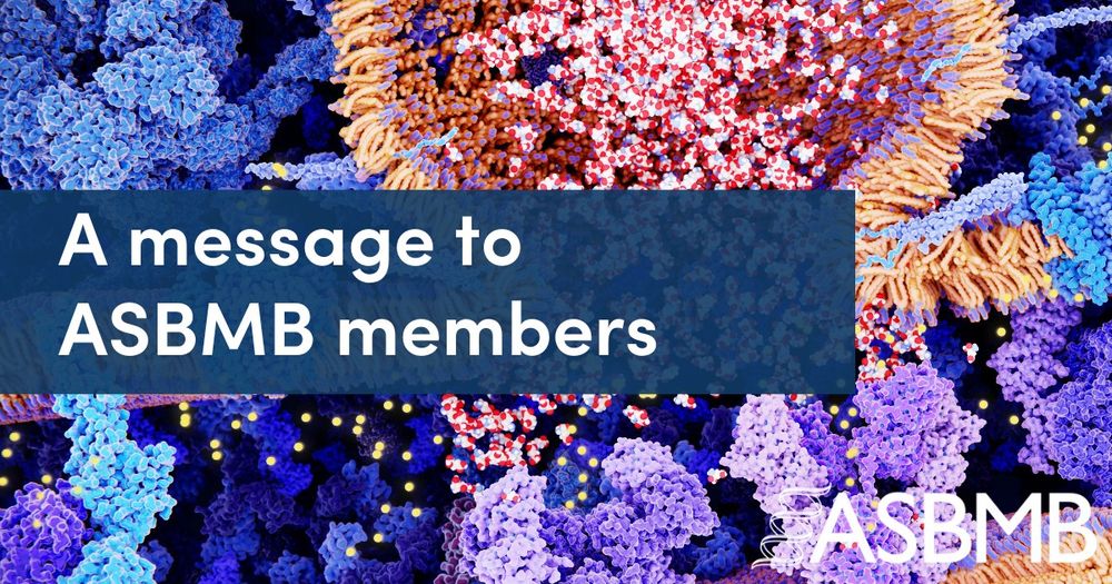 Text reads: A message to ASBMB members. The background is an illustration of the neurotransmitter glutamate being transported by synaptic vesicles to the presynaptic membrane.