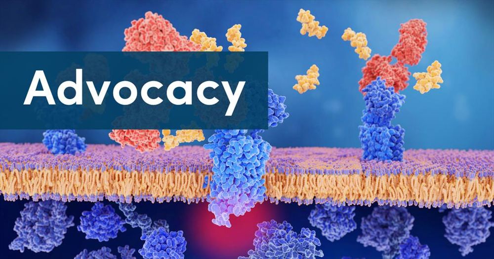 Text reads advocacy. The background image is a 3D illustration of the calcitonin gene related peptide (yellow) binding to its receptor (blue) on neurons and smooth muscle cells of cerebral blood vessels.