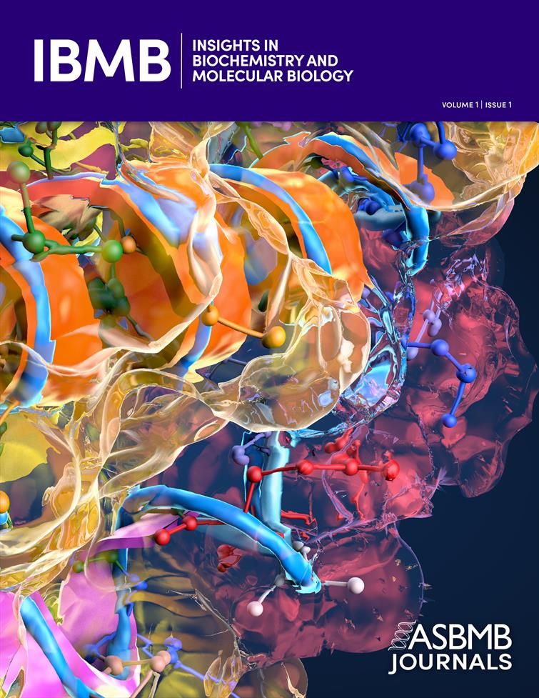 Colorful 3D molecular structures representing complex biochemical interactions on a dark background for the cover of ASBMB’s forthcoming journal, Insights in Biochemistry and Molecular Biology (IBMB).