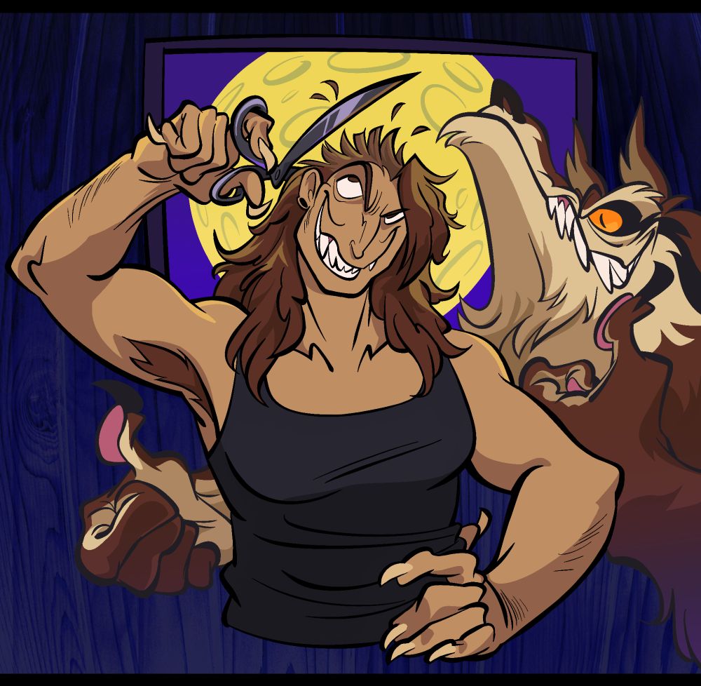 Scruffy butch werewolf woman gleefully cutting her hair-- it's a very alt look, to put it bluntly. Her werewolf self is giving her a thumbs-up