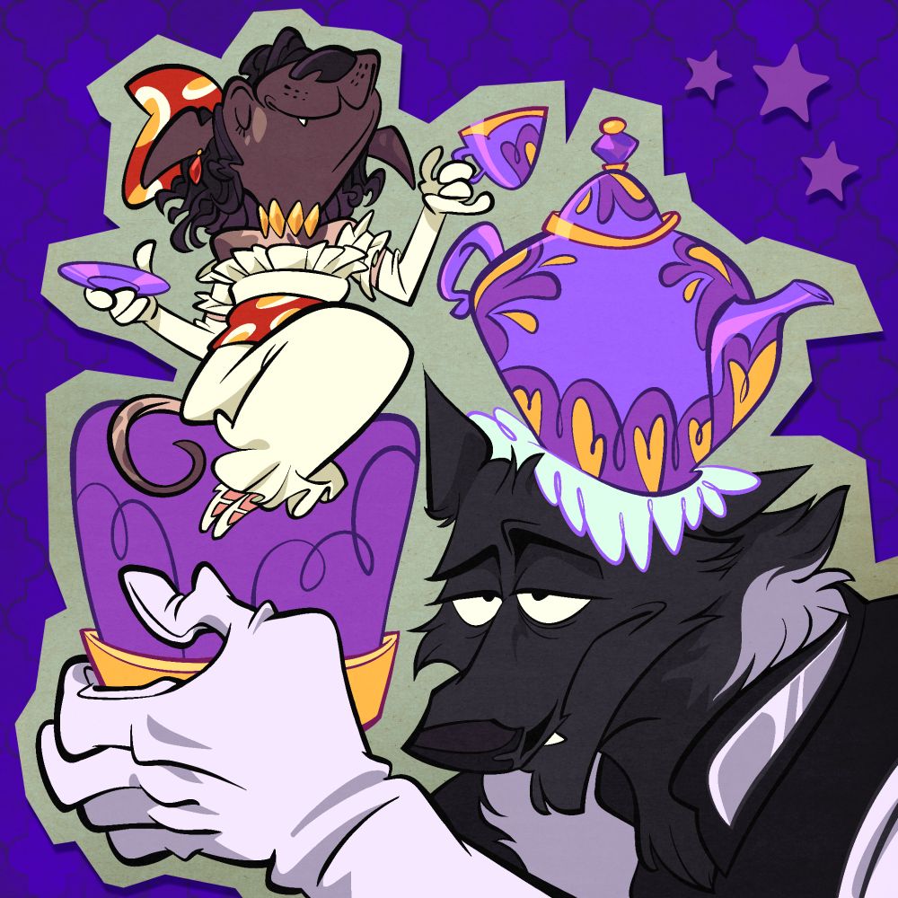 Rhea, a regal little dog girl sitting on tuffet and wielding a teacup. She's being held up by Quincy, a wolf-dog who looks resigned to this position with a giant teapot balanced on his head