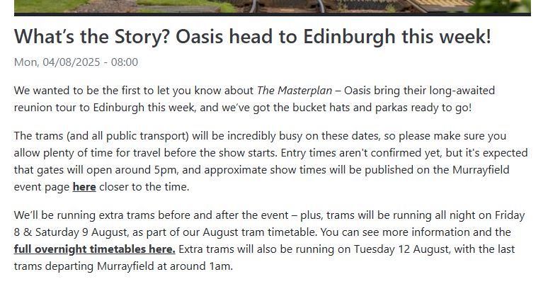 Screen cap from pun-heavy Edinburgh Trams news article at https://edinburghtrams.com/news/whats-story-oasis-head-edinburgh-week