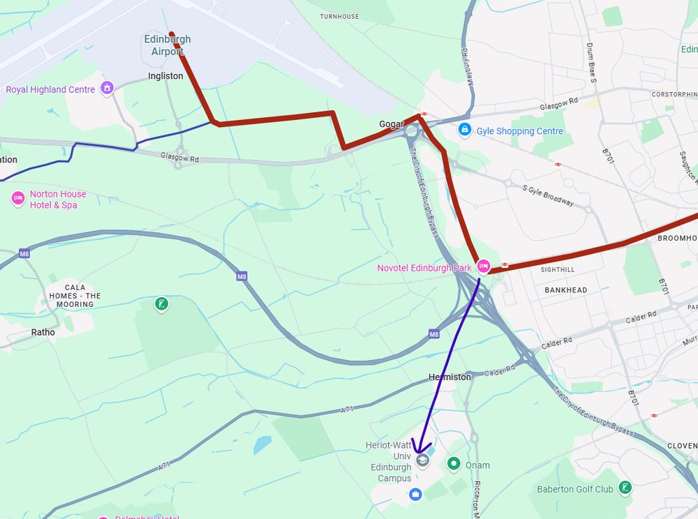 A map showing the tantalisingly short yet irritatingly unwalkable distance between Edinburgh Park tram stop and HWU campus