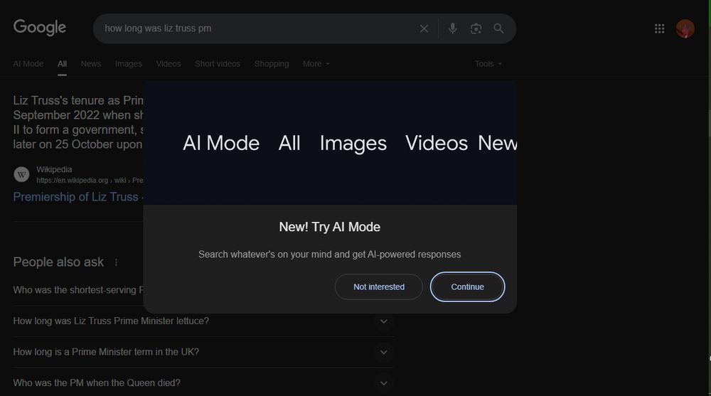 New! Try AI mode. Search whatever's on your mind and get AI-powered responses