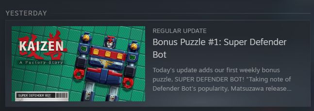 Steam screenshot of Kaizen: A Factory Story.
Bonus Puzzle #1: Super Defender Bot
Today's update adds out first weekly bonus puzzle: SUPER DEFENDER BOT!