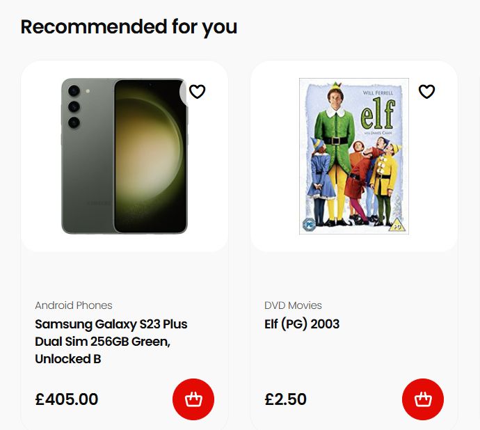 Recommended for you
* [Android Phones] - Samsung Galaxy S23 Plus Dual Sim 256GB Green Unlocked B - £405.00
* [DVD Movies] - Elf (PG) (2003) - £2.50