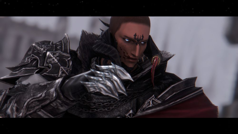 a screenshot of a dark skinned auri man with hair cropped short to his head. he wears heavy plate decorated with red cloth, clawed gauntlet held up to his face. behind the gauntlet, is a smear of blood from his lip to his cheekbone. the background is blurred, but gothic spires are still visible