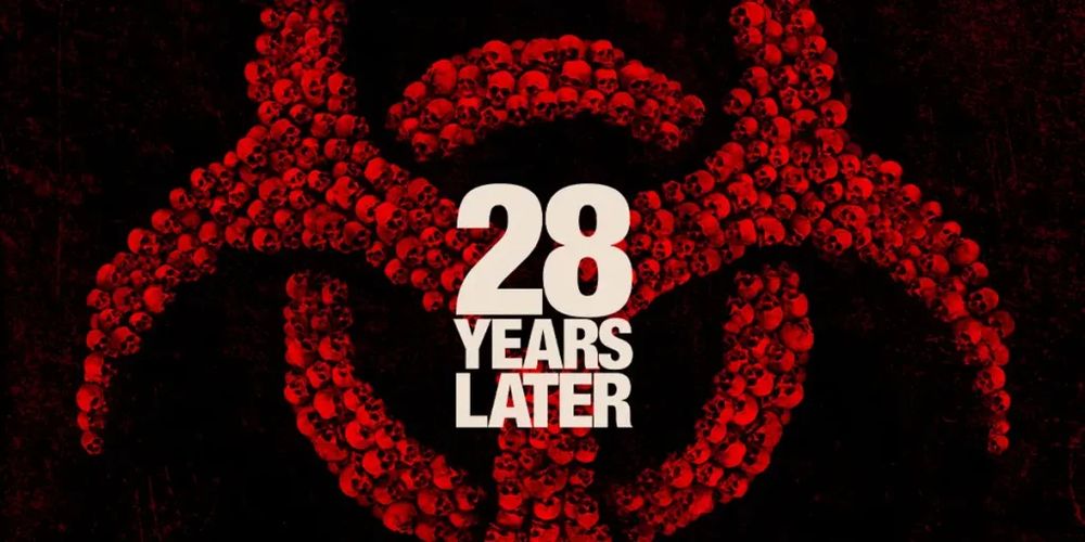 Poster for 28 years later movie. It shows the biohazard symbol from the previous movie posters, also in read like the previous posters, but it is made up of a hundred small human skulls that are only visible if you really look. 
