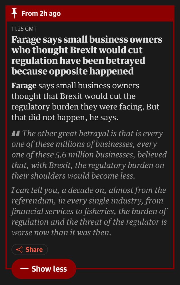 screenshot from the Guardian online reporting Farage telling small business they have been betrayed and regulation has only increased since Brexit 