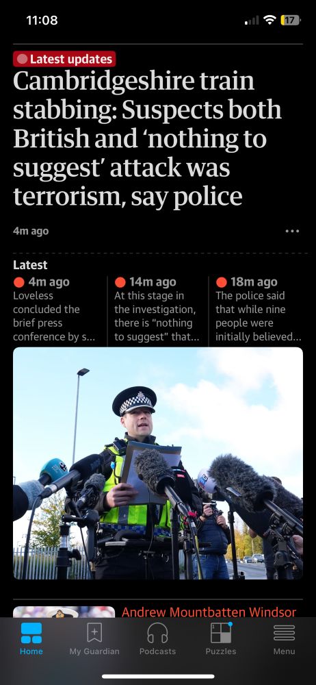 Screenshot from The Guardian with headline that attackers are British born nationals and nothing to suggest attack was Terror related 