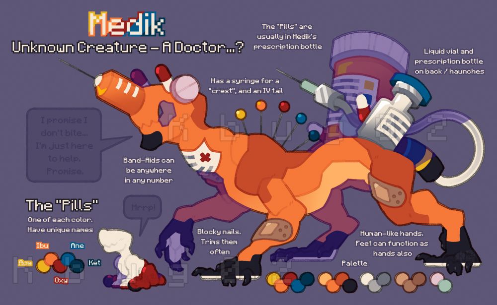 A bizarre orange creature with band-aids, pill bottles/vails, pins, pills, scripts, and syringes throughout it's body. A tiny, puppy-like version of itself sits next to it, its top half is white with the bottom half being red. 