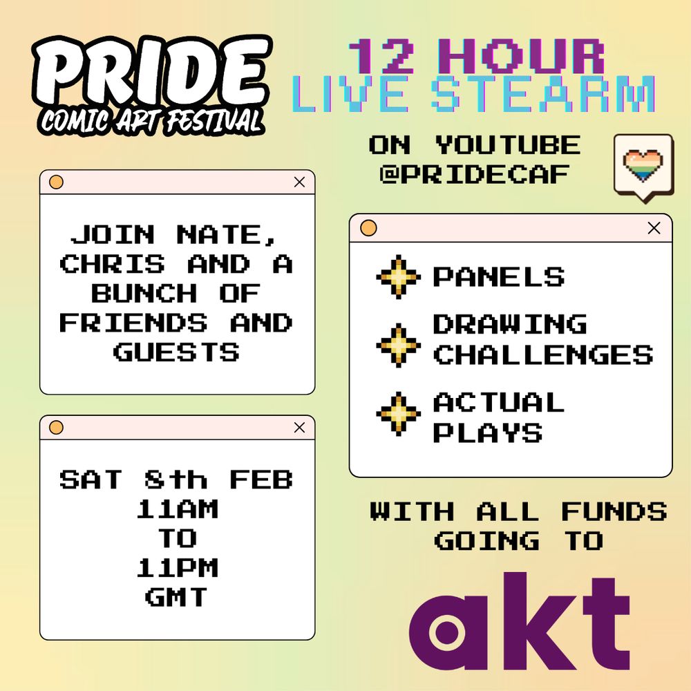 A peach and lime gradient background with the Pride comic art festival logo. There are three mock computer windows with text inside. Outside the windows is reads "12 hour live stream. On Youtube @pridecaf. Inside the first window it reads "Join Natte, Chris and a bunch of friends and guests." in the window in the lower left it reads "Sat 8th of Feb, 11am to 11pm GMT". In the right window is a list of events. Panels, drawing challenges and actual plays. The text at the bottom reads "with all funds going to AKT.
