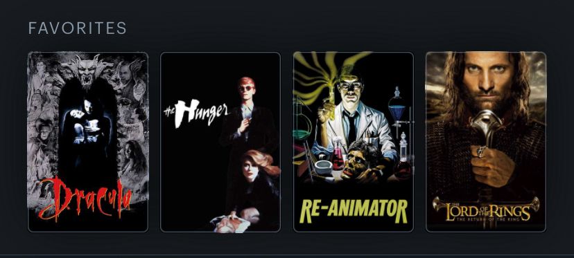A screenshot from the app Letterboxd featuring a user’s top 4 movies.   Filmes features are Bram Stoker’s Dracula (1992), the Hunger (1983), Re-animator (1985), and Lord of the Rings Return of the King (2003). 