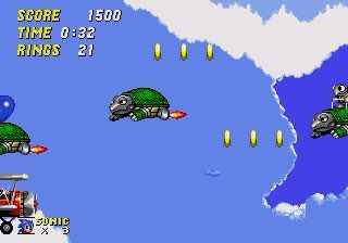 Sonic spindashing off the shell of a Turtloid enemy in Sky Chase Zone. Tails’ plane is below Sonic and the sky is filled with ring, clouds, and more Turtloids.