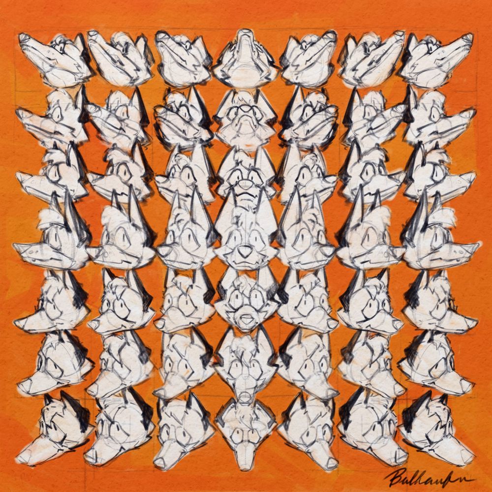 49 snouts in a 7x7 grid all looking right at the viewer, anxiously. orange background roughly painted around them