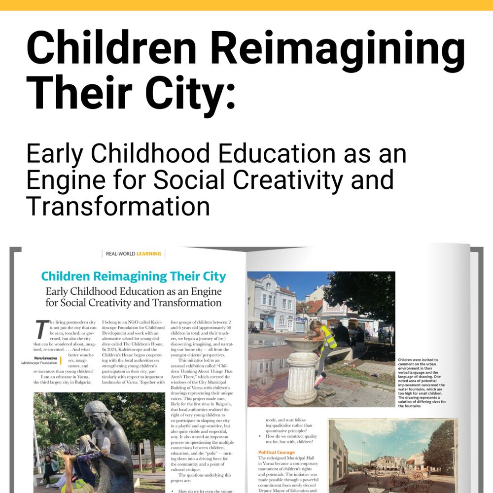 Text says, " Children Reimagining Their City: Early Childhood Education as an Engine for Social Creativity and Transformation." Below the text is an image of an open magazine, displaying the article and photos of the children and public spaces in Bulgaria.