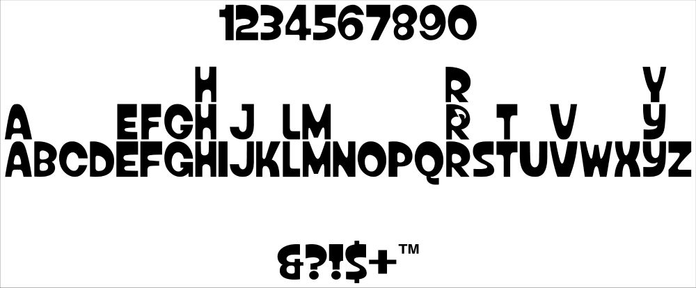 A plain image showcasing every letters recreated in the Rhythm Heaven/Rhythm Paradise Font style.