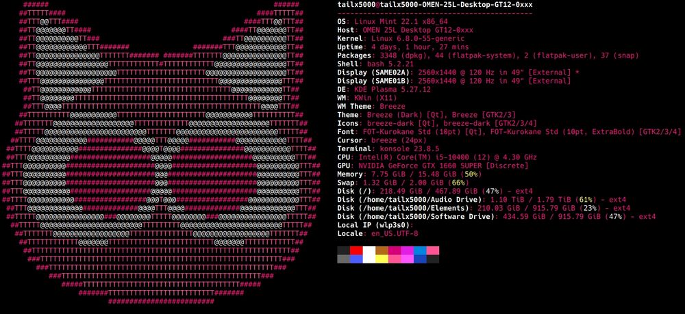 My fastfetch (neofetch) stats with an ASCII of my OC on the left "Tailiea the Neko Chu Puyo".