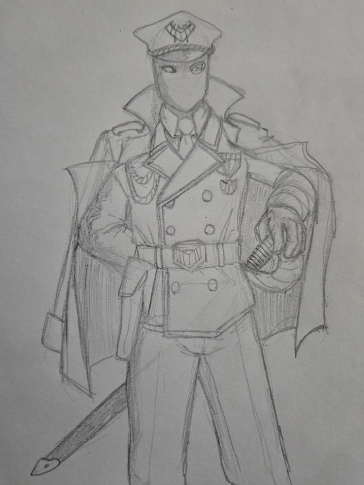 A masked man in a formal military-looking uniform, one hand behind his back, the other resting on his sword. His coat is draped over his shoulders. 