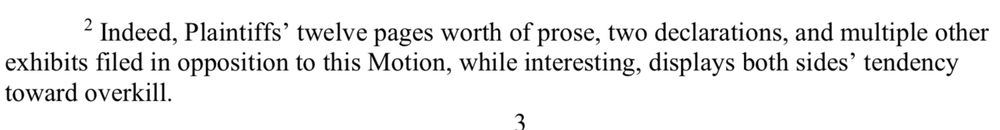 “Indeed, Plaintiffs’ twelve pages worth of prose, two declarations, and multiple other exhibits filed in opposition to this motion, while interesting, displays both sides’ tendency toward overkill.”