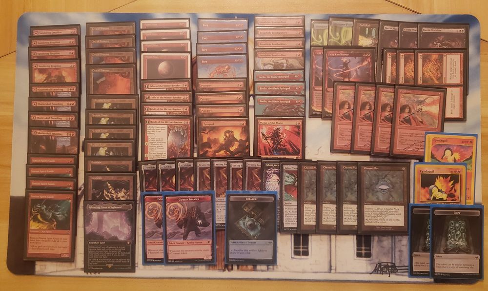 4 Ancient Tomb
4 Blood Moon
4 Broadside Bombardiers
4 Chrome Mox
4 City of Traitors
4 Fable of the Mirror-Breaker
4 Fury
1 Gemstone Caverns
2 Ghost Vacuum
3 Laelia, the Blade Reforged
1 Magus of the Moon
2 Mountain
4 Pyrogoyf
4 Shatterskull Smashing
4 Simian Spirit Guide
4 Sundering Eruption
3 The One Ring
4 Vexing Bauble

SIDEBOARD:
3 Dead/Gone
2 Disruptor Flute
3 Faerie Macabre
2 Fiery Confluence
1 Null Rod
4 Pyroblast