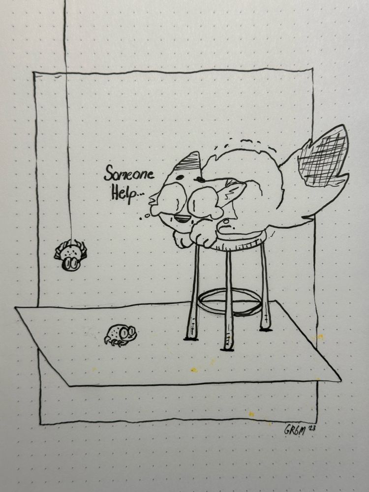 Scared fox on stool looks down at spiders.