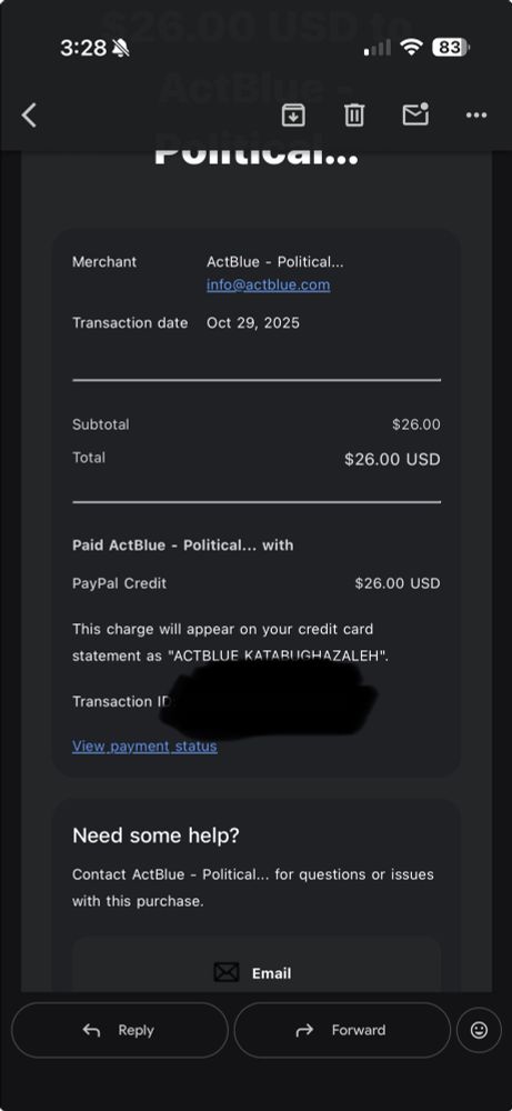 Receipt for campaign donation to Kat Abughazaleh, because fuck ICE/CBP and the DOJ