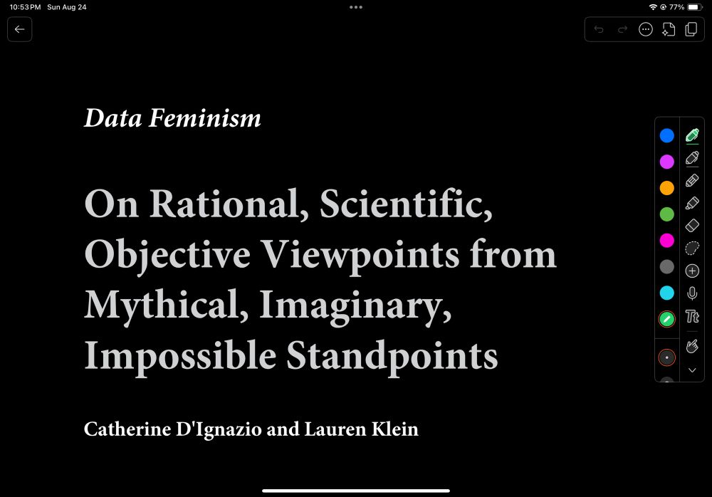 The title page of the article “On Rational,Scientific, Objective Viewpoints from Mythical, Imaginary, Impossible Standpoints” by Catherine D’Ignazio and Lauren Klein