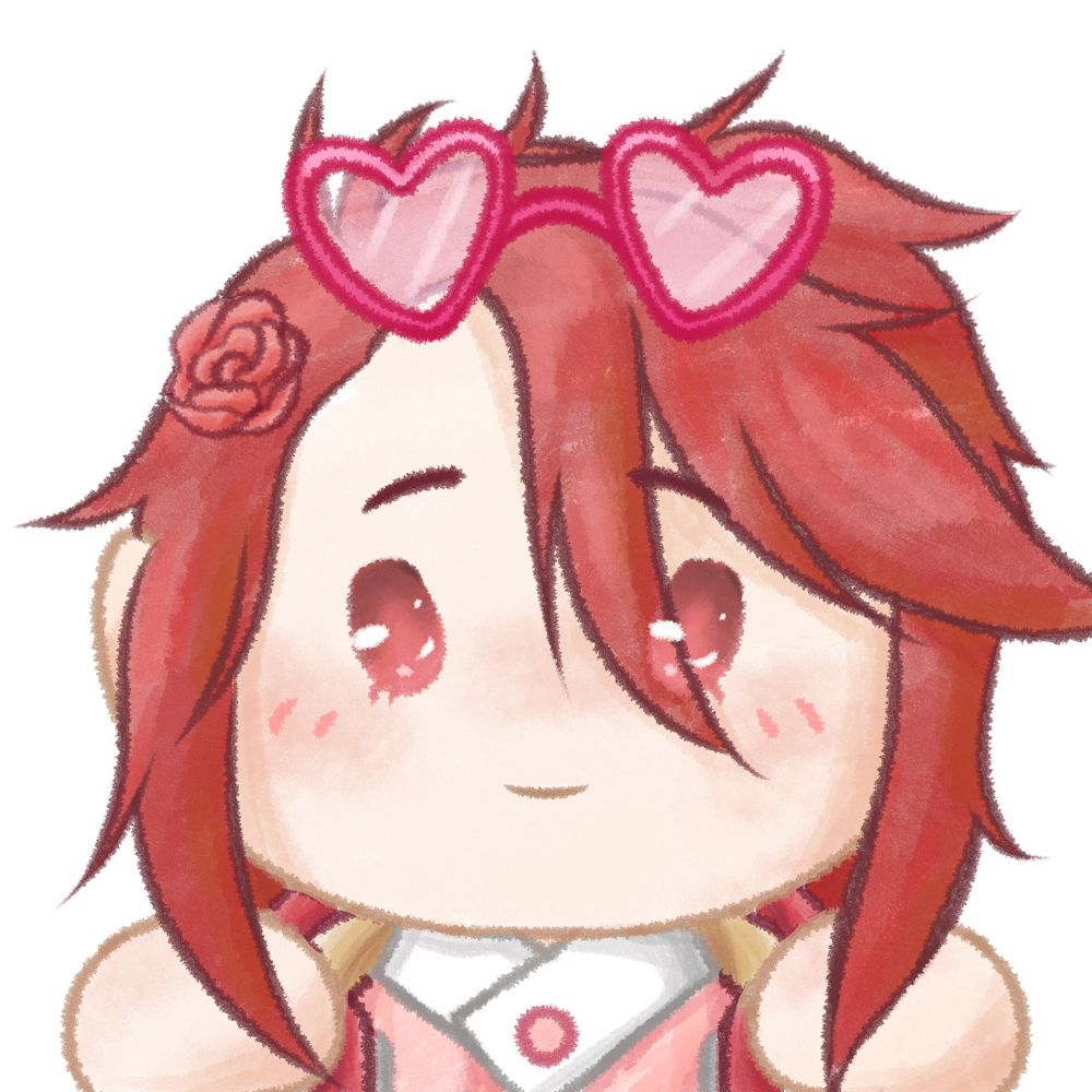 a cute crayon-styled chibi drawing of a red-headed red-eyed character