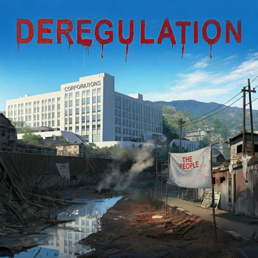 Has a title of Deregulation with blood dripping from the text over a Picture of a shiny corporate building on a hill labeled "Corporations" and a run down polluted alley with a banner that says, "The People"