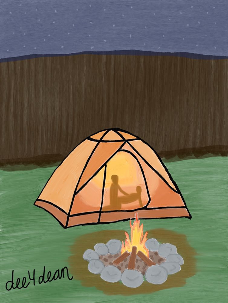 A campground setting featuring a camping tent and a campfire in front of the tent. Inside the tent is the silhouette of two men having sex doggy-style. 